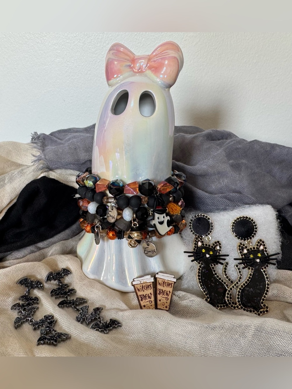 Halloween Jewelry Lot BaubleBar Black Cat Earrings Erimish Bat Witches Brew